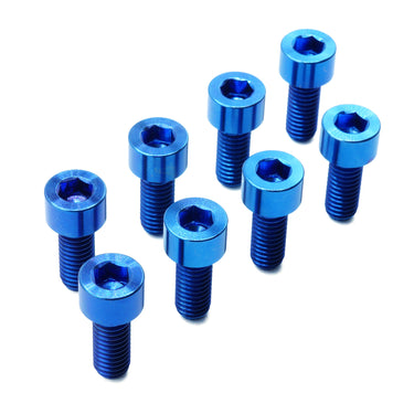 Universal titanium camber adjustment bolt kit in blue — 8 M6 socket cap bolts for coilover and air suspension top hats