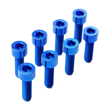 Universal titanium camber adjustment bolt kit in blue — 8 M6 socket cap bolts for coilover and air suspension top hats