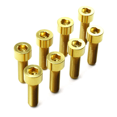 Universal titanium camber adjustment bolt kit in gold — 8 M6 socket cap bolts for coilover and air suspension top hats