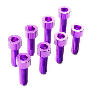Universal titanium camber adjustment bolt kit in purple — 8 M6 socket cap bolts for coilover and air suspension top hats