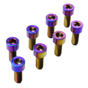 Universal titanium camber adjustment bolt kit in oil slick — 8 M6 socket cap bolts for coilover and air suspension top hats