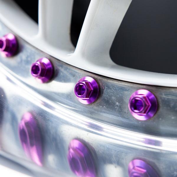 purple anodized titanium 3-piece wheel hardware installed
