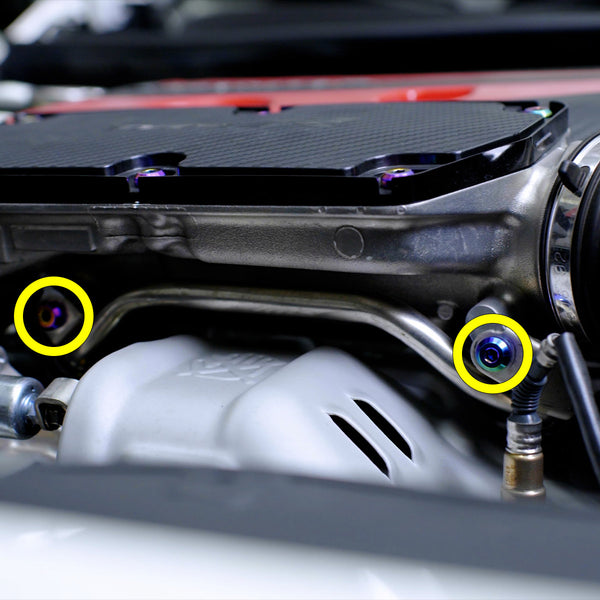 Diagram of Grade 5 titanium dress up bolts securing turbo water pipe on K20C1 engine