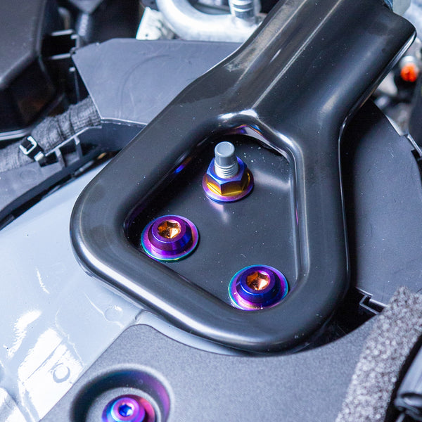Detail of titanium bolt finish showing strength and lightweight design for Nissan Z engine bay
