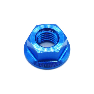 M7 x 1.00 titanium flange nut in blue color