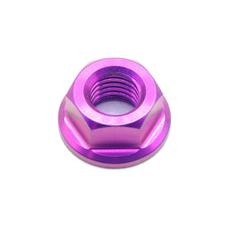 M7 x 1.00 titanium flange nut in purple color