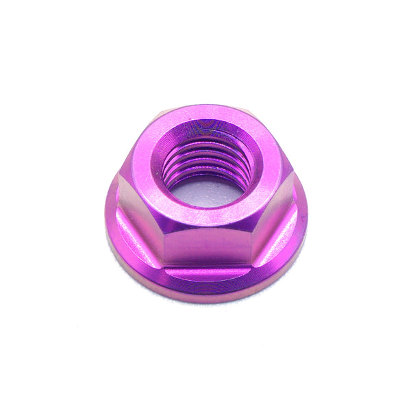 M7 x 1.00 titanium flange nut in purple color