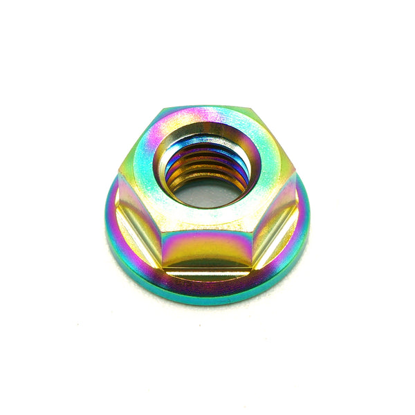 M7 x 1.00 titanium flange nut in cosmic burn color