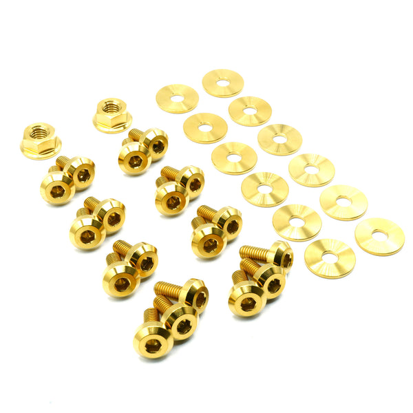 Stage 1 titanium engine bay hardware kit for 1999-2005 Mazda Miata NB in Gold — 18 bolts, 12 flat washers, and 2 flange nuts