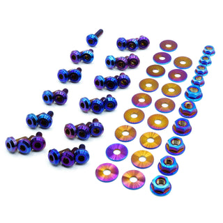 Stage 2 titanium engine bay hardware kit for 1999-2005 Mazda Miata NB in Oil Slick — 30 bolts, 17 flat washers, and 10 flange nuts