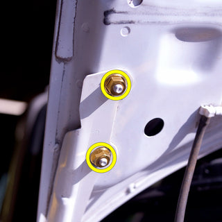 Titanium hood hardware kit installation diagram for 1999-2005 Mazda Miata NB — yellow markers show titanium flange nut locations at hood hinges
